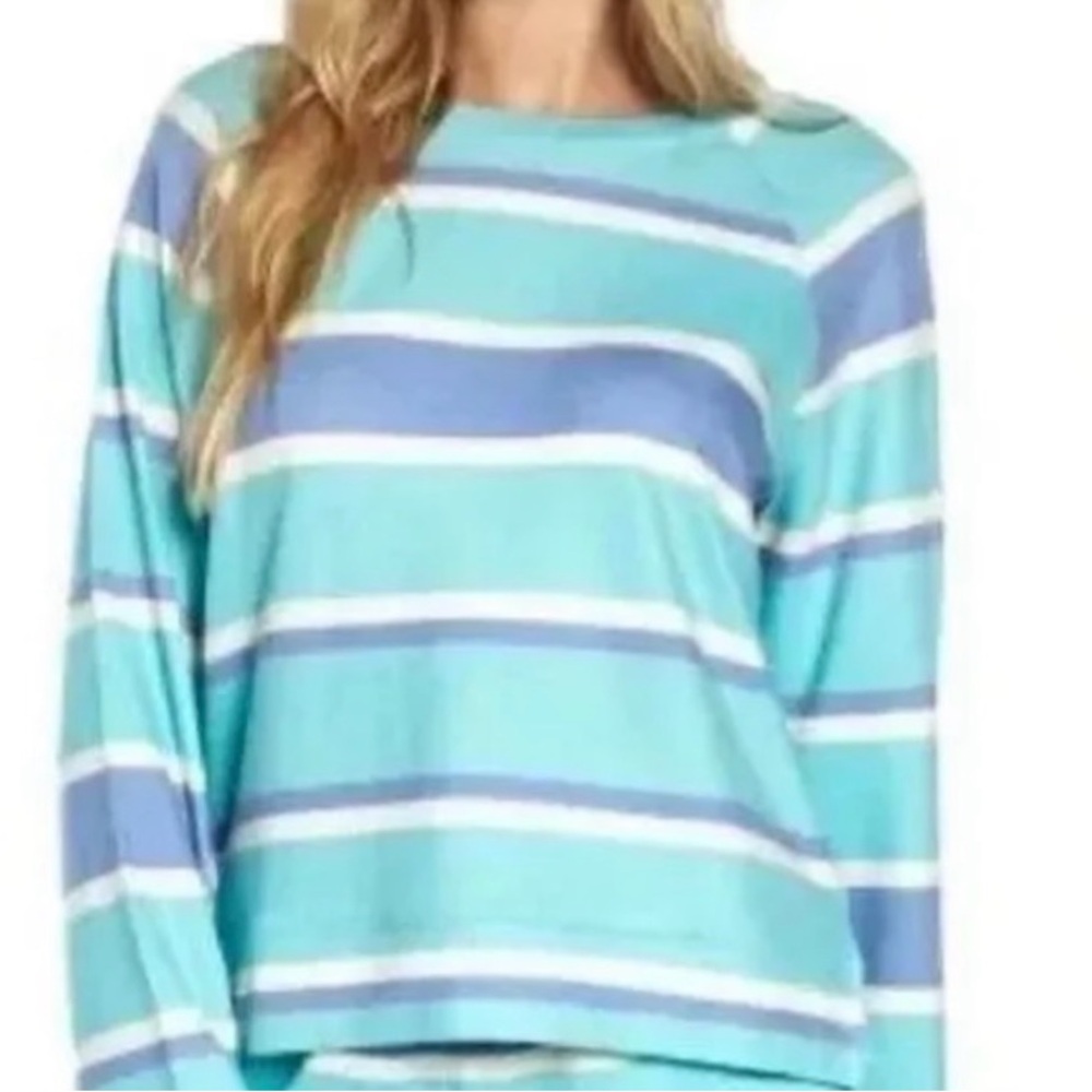 Wildfox turquoise/Blue/White Stripped Long Sleeve Crop Lounge Shirt Size XL